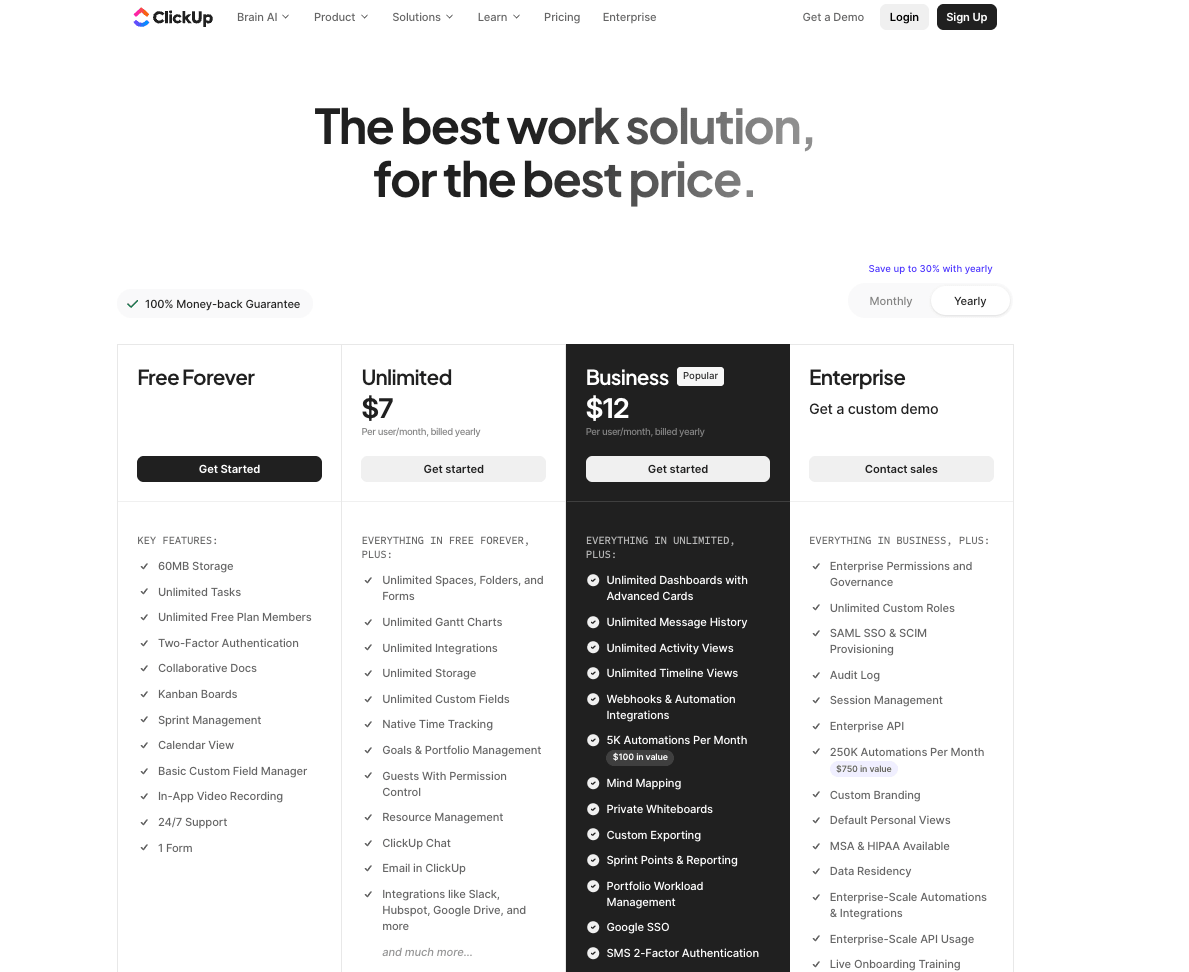 ClickUp pricing page showing four plans—Free Forever, Unlimited ($7/user/month), Business ($12/user/month), and Enterprise (custom pricing)—with a side-by-side feature comparison and yearly billing selected